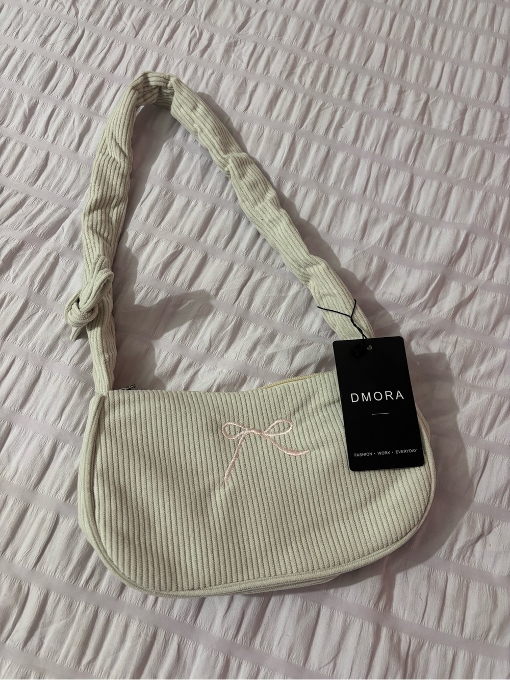 Cream Ribbed Shoulder Bag with Embroidered Bow